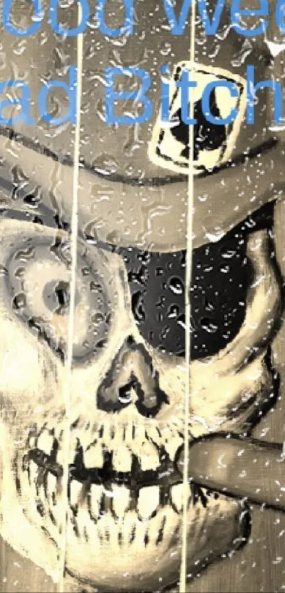 Skull with cowboy hat and cigar on wood background.