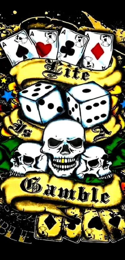 Edgy skull and dice mobile wallpaper with playing cards.