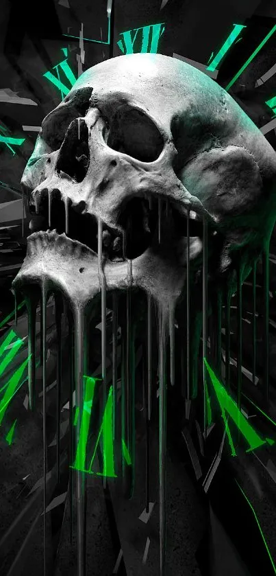 3D skull with neon green accents and abstract background.