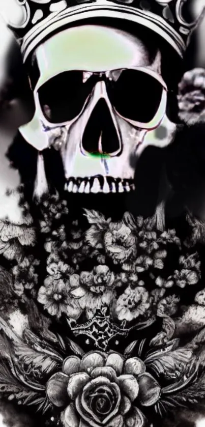 Stylish black and white skull with flowers mobile wallpaper design.