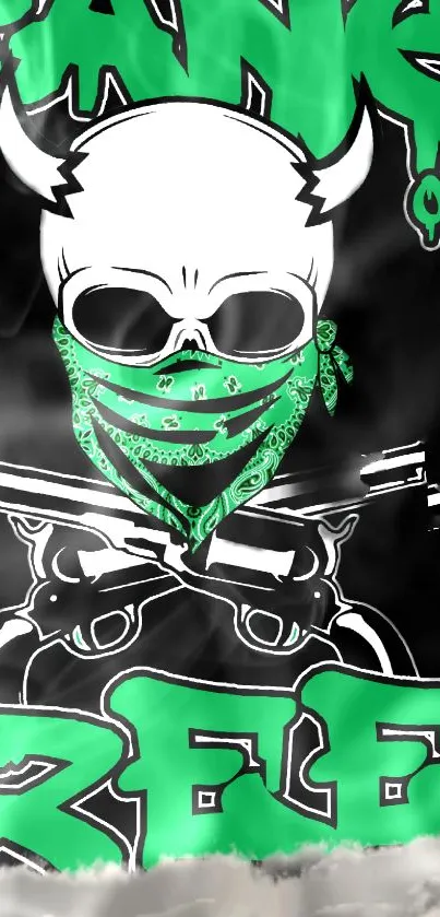 Edgy skull graphic with green accents on a mobile wallpaper.