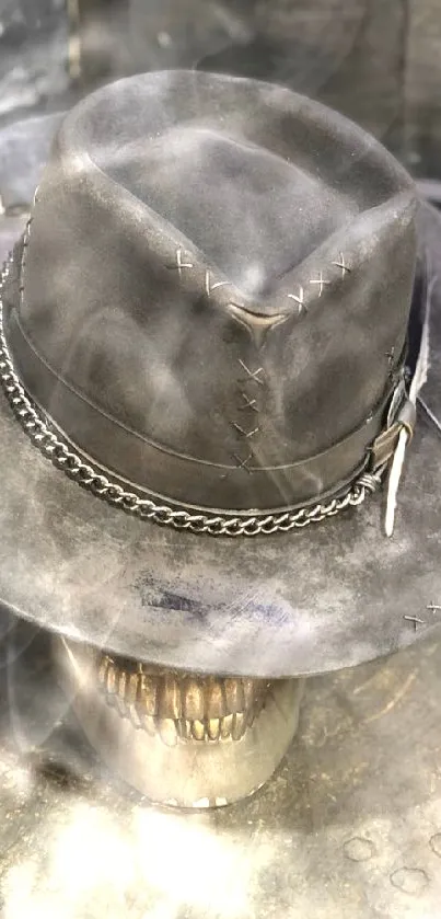 A stylish skull with a rustic cowboy hat and metallic chain accent.