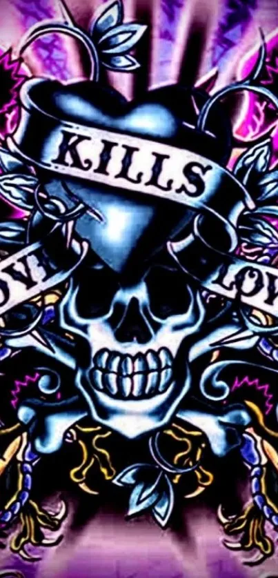 Edgy skull love mobile wallpaper with vibrant colors.