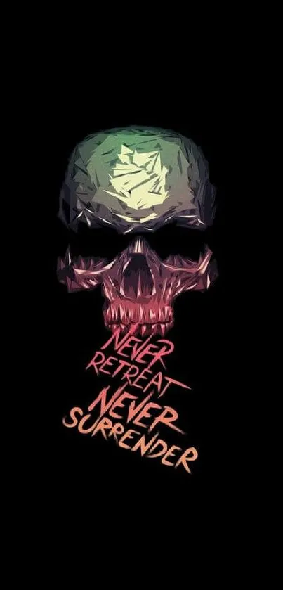 Motivational skull wallpaper with the words 'Never Retreat, Never Surrender'.