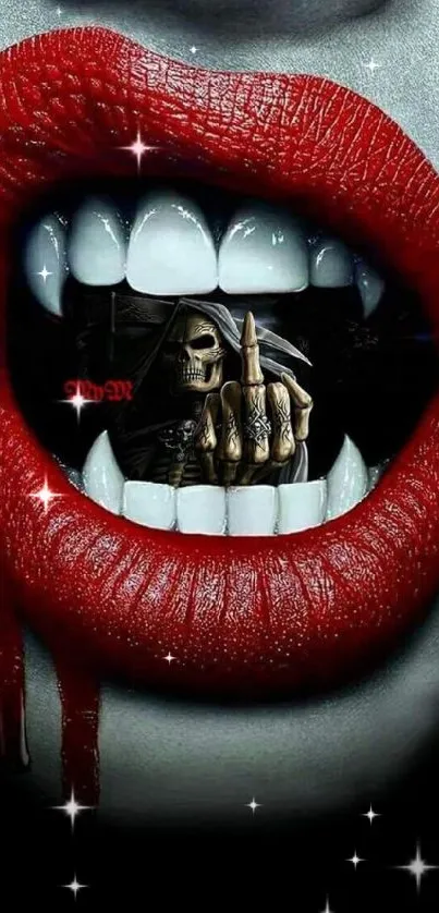 Edgy skull art with bold red lips wallpaper.