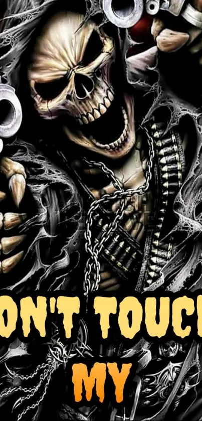 Grim Reaper with guns and bold text, dark theme.