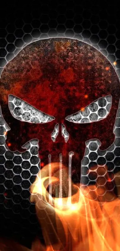 Dark red skull design on a textured background.