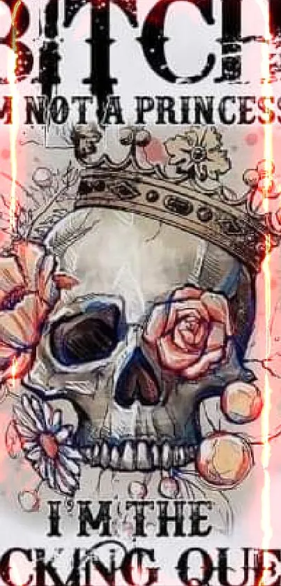 Edgy skull with crown and flowers wallpaper.