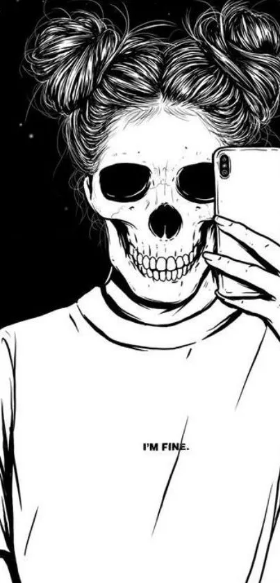 Black and white skull taking a selfie wallpaper for mobile.