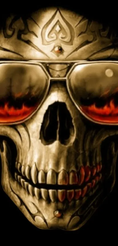 Skull with sunglasses on dark background, fiery details.