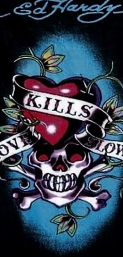 Edgy skull and heart tattoo design wallpaper.