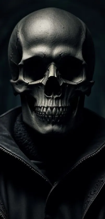 Dark skull with leather jacket wallpaper, gothic art design.