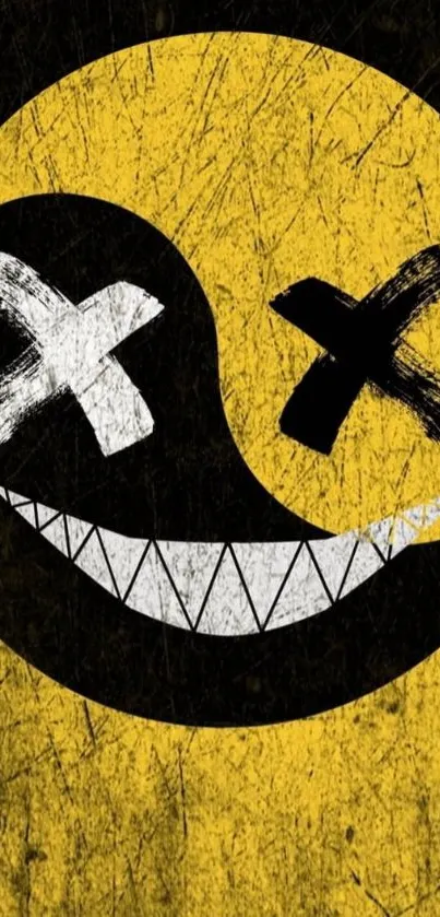 Edgy smiley face with yin-yang design in yellow and black.