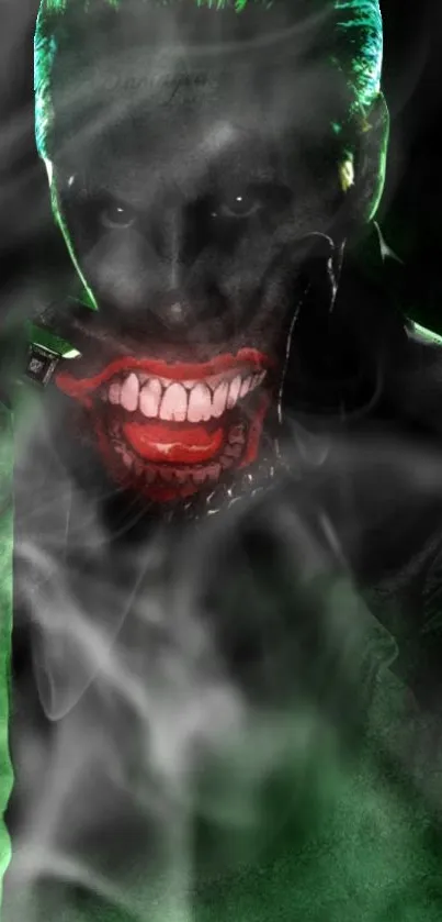 Dark mobile wallpaper with green smoke and stylized red mouth.