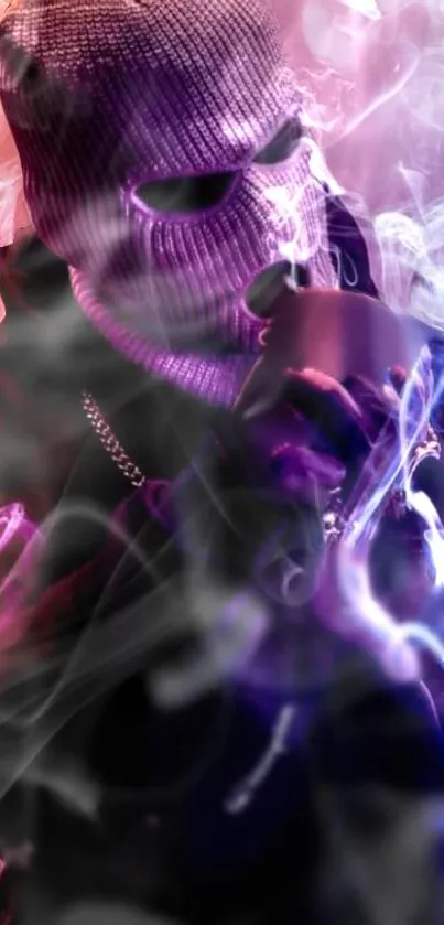 Mobile wallpaper with masked figure in colorful smoke, featuring purple and black hues.