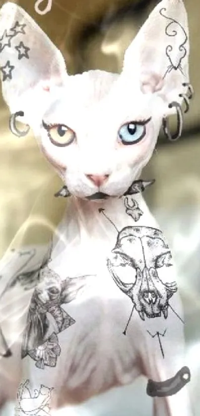 Sphynx cat with tattoos in edgy wallpaper design.