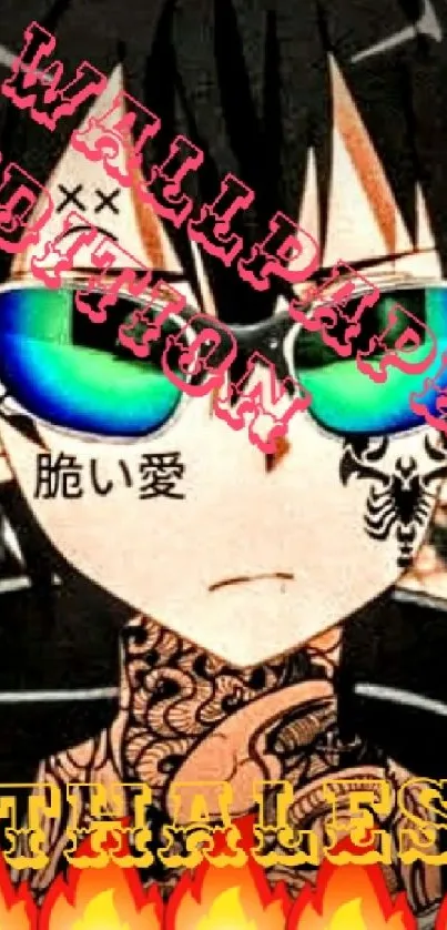 Anime character with tattoos and sunglasses on a fiery wallpaper background.