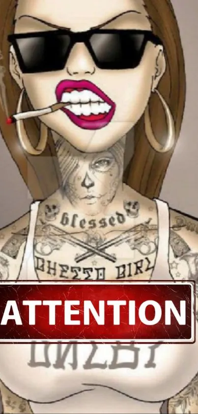 Tattooed character with sunglasses and a bold 'Attention' sign.