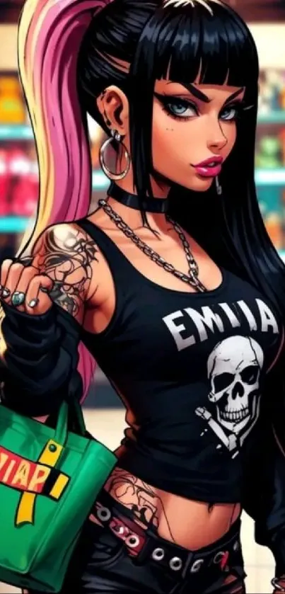 Edgy punk anime character in vibrant colors.