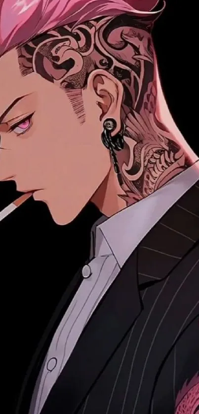 Edgy tattooed anime character with pink hair and stylish attire.