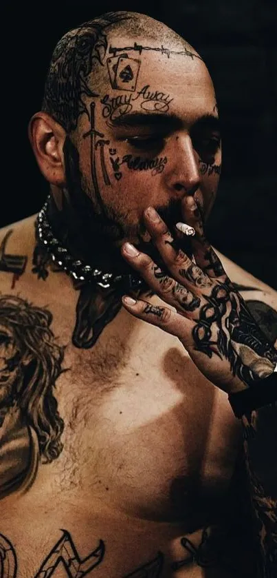 Tattooed man with dark edgy aesthetic wallpaper.