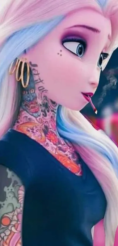 Tattooed cartoon girl with bold colors and edgy style.