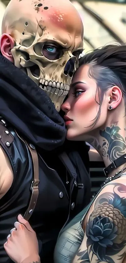 Artistic wallpaper featuring tattooed couple embracing.