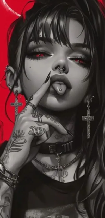 Edgy gothic art with tattoos and piercings, featuring a bold red background.