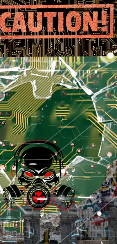 Caution-themed tech wallpaper with gas mask and circuit board.