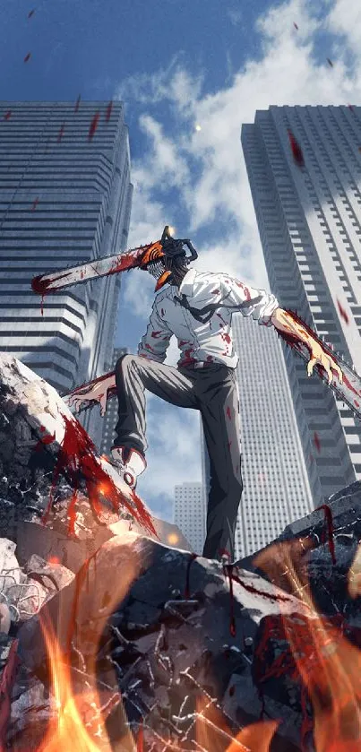 Anime character in urban setting with intense action and skyscrapers.