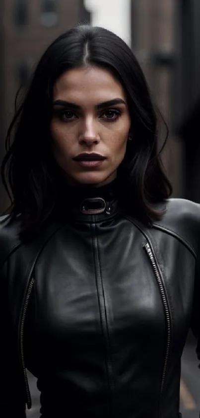 Woman in black leather jacket against urban backdrop