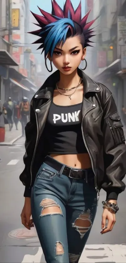 Punk girl with blue hair in urban setting, wearing a leather jacket.