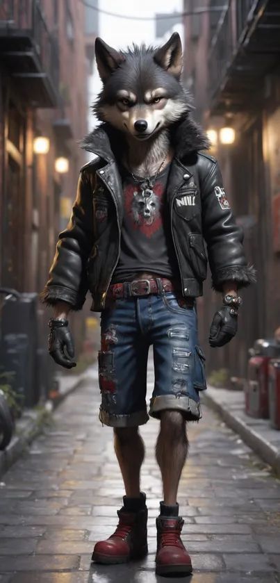 Urban wolf in leather jacket, edgy street scene.