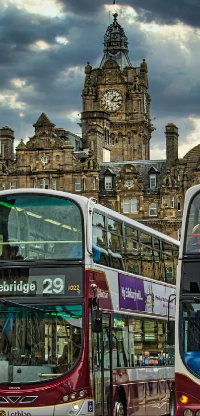 Edinburgh double-decker buses against historic architecture.