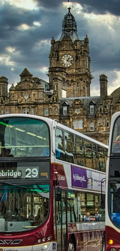 Edinburgh cityscape with iconic buses and dramatic sky on mobile wallpaper.