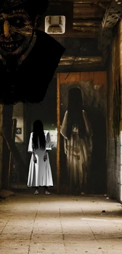 Eerie ghostly figure in abandoned hallway.