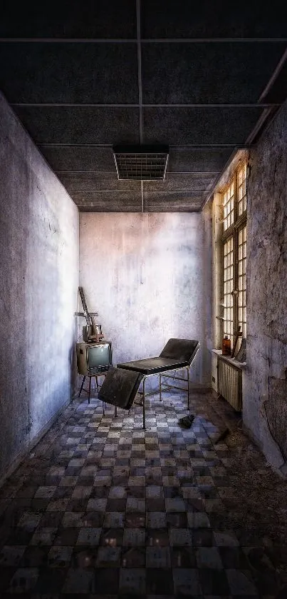 Eerie abandoned room with vintage hospital chair, dark and atmospheric.