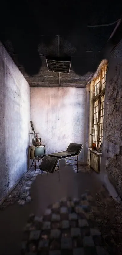 Abandoned room wallpaper with a vintage and eerie atmosphere, featuring decaying walls.