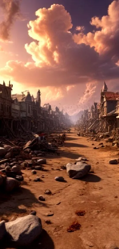 Abandoned street at sunset with dramatic skies and rocks.