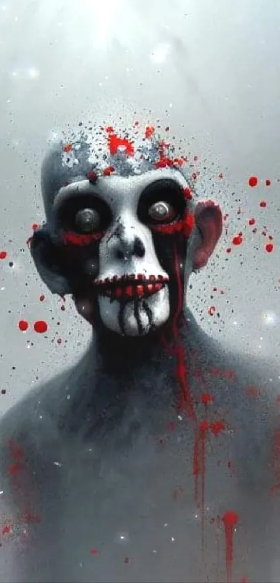 Eerie skull art with red splashes on a dark gray background.