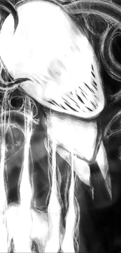 Eerie abstract art with faceless figure and swirling tentacles in black and white.