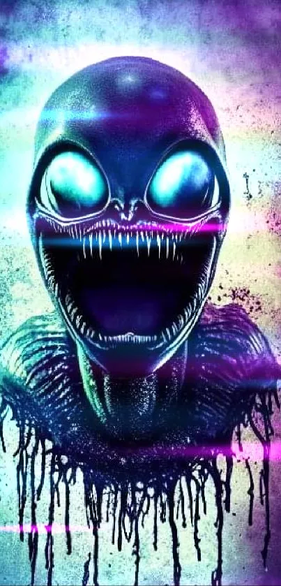 Eerie alien with glowing eyes in dark artistic design.