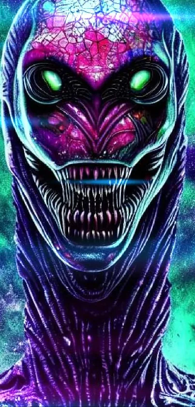 Colorful alien creature artwork for mobile wallpaper with vibrant purple and green hues.