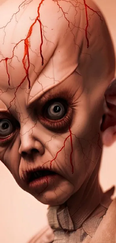 Eerie alien face with cracked skin and dark eyes.