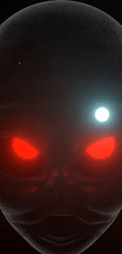 Alien face with glowing red eyes on dark background wallpaper.