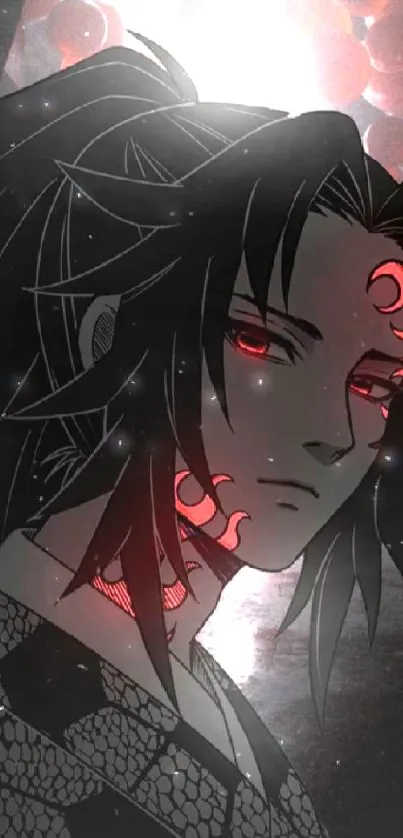 Anime character with red eyes in dark setting.