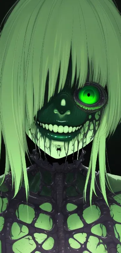 Eerie anime character with green hair and haunting expression.