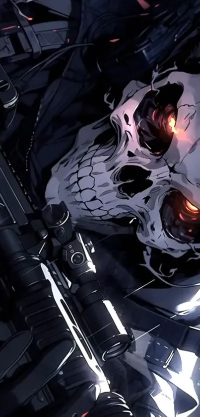 Eerie skull with glowing eyes and rifle in the dark