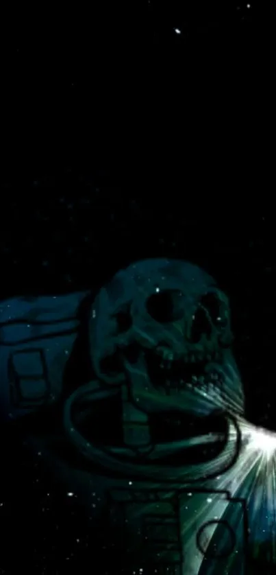 Skeleton astronaut in a dark galaxy setting.