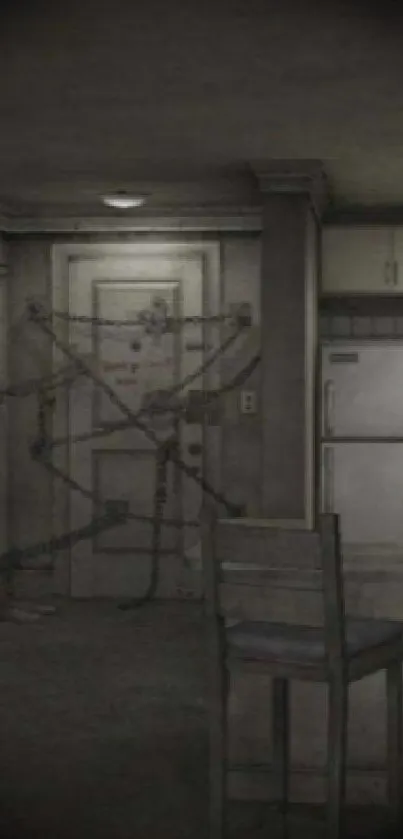 Eerie wallpaper featuring a door barricaded with chains.